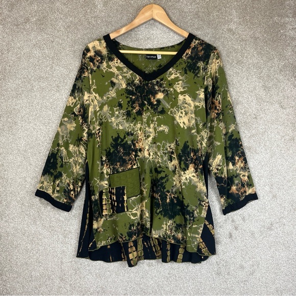 Iguana Tops - Iguana Tunic Womens Medium Green Rayon V Neck Pullover 3/4 Sleeve Boho- 2216*